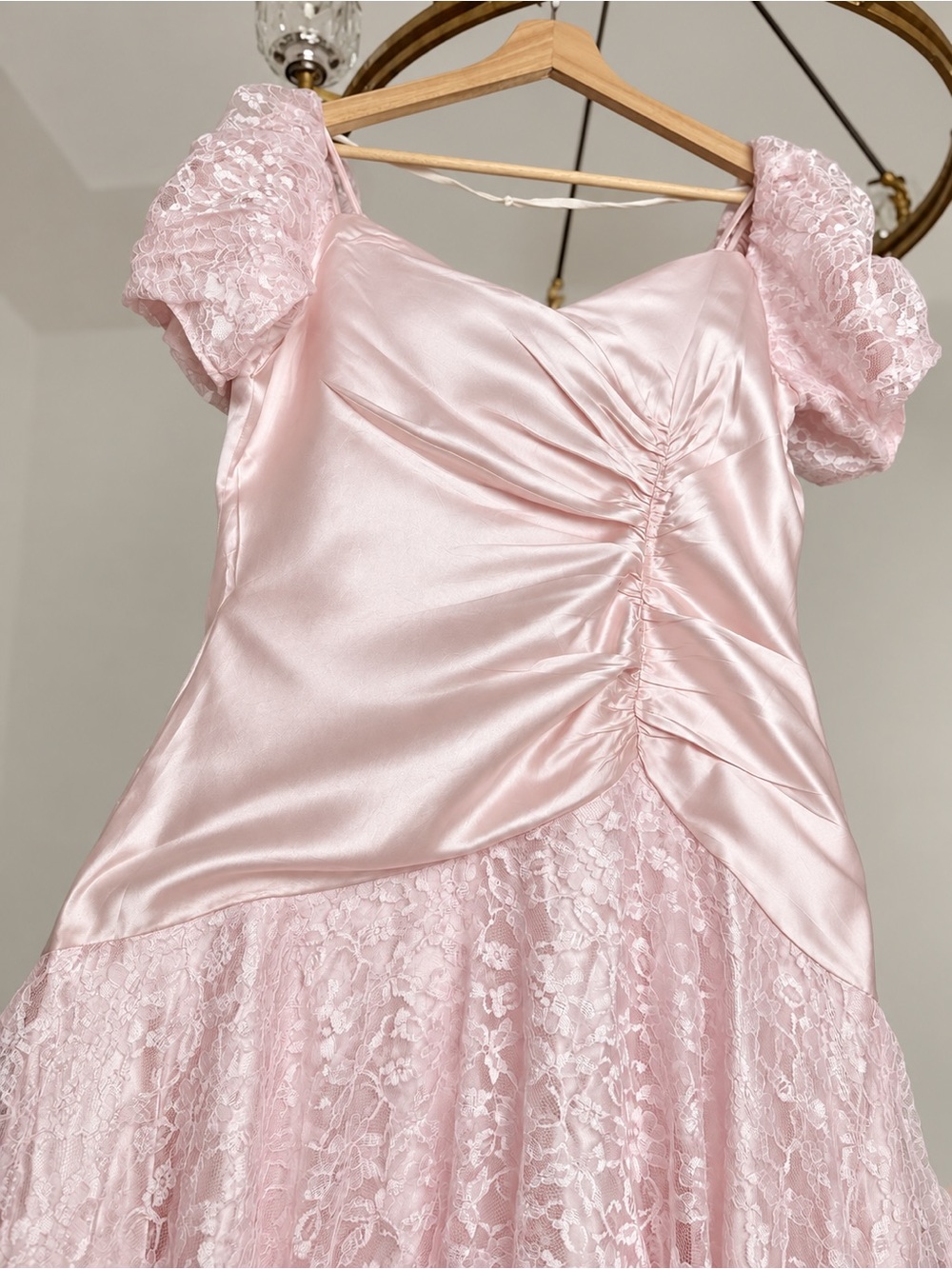 Vintage 80s Pink Satin Lace Maxi Dress Puff Sleeve Prom Gown Made in USA - Picture 2 of 6
